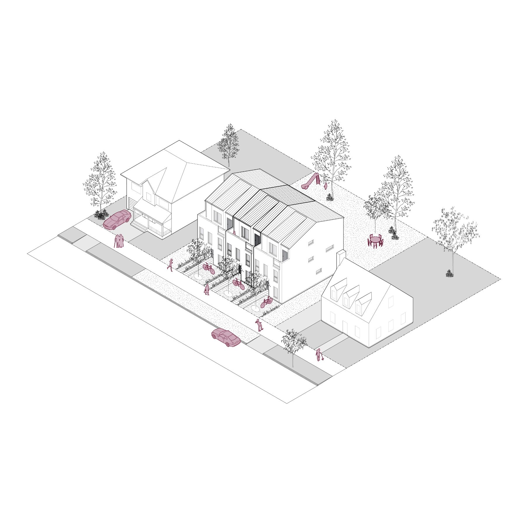 Rendu filaire 3D d’un immeuble de maisons en rangée superposées, d’une superficie d’environ 721 pieds carrés par logement. L’image montre l’intégration de l'immeuble dans un quartier résidentiel et met en relief l’aménagement efficace de l'immeuble de plusieurs étages. 